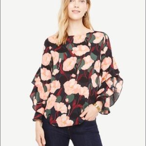 Ann Taylor Black Swan Cascade Ruffle Sleeve Blouse XL Tall